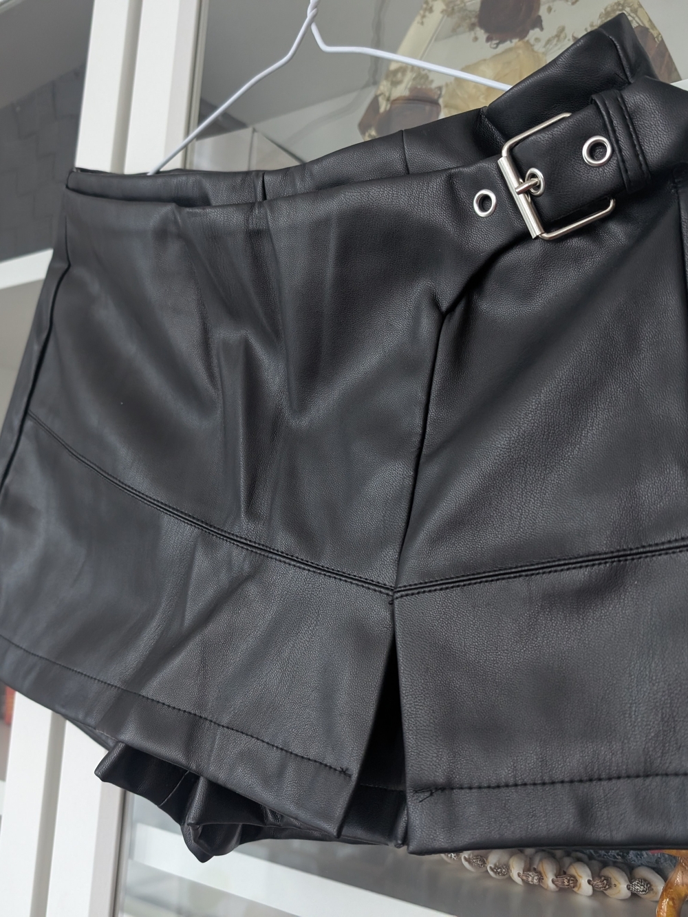 Black Faux Leather Mini Skort with Buckle Belt